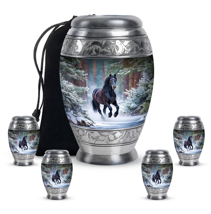 Navy Blue Horse Cremation Urn detail view - regal horse design with crown-inspired accents - memorial set with one large and four small urns