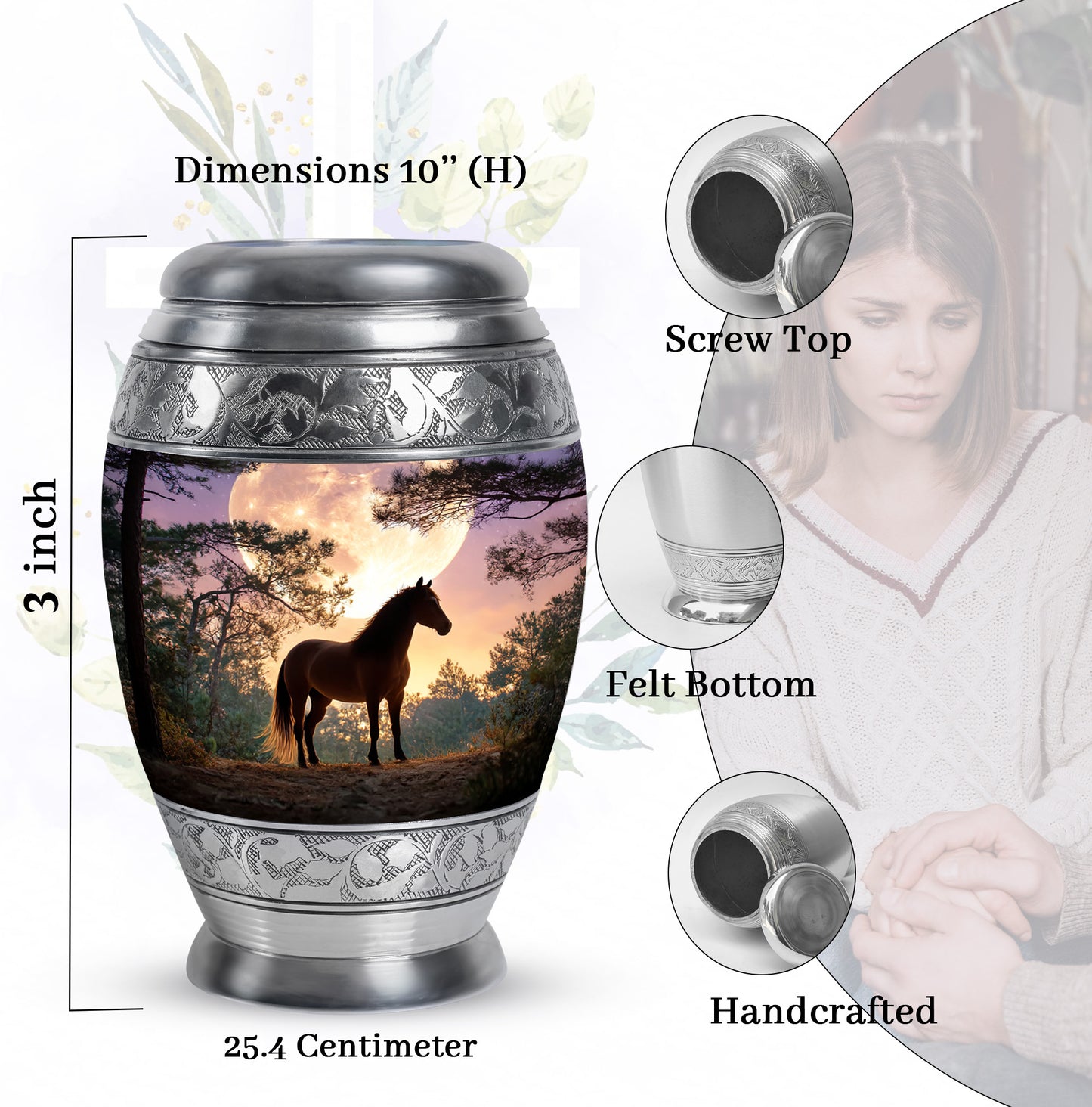Royal Blue Horse Cremation Urn lifestyle display on memorial shelf - royal horse engraving with decorative scrollwork - mini keepsake memorial for portion of cremation ashes