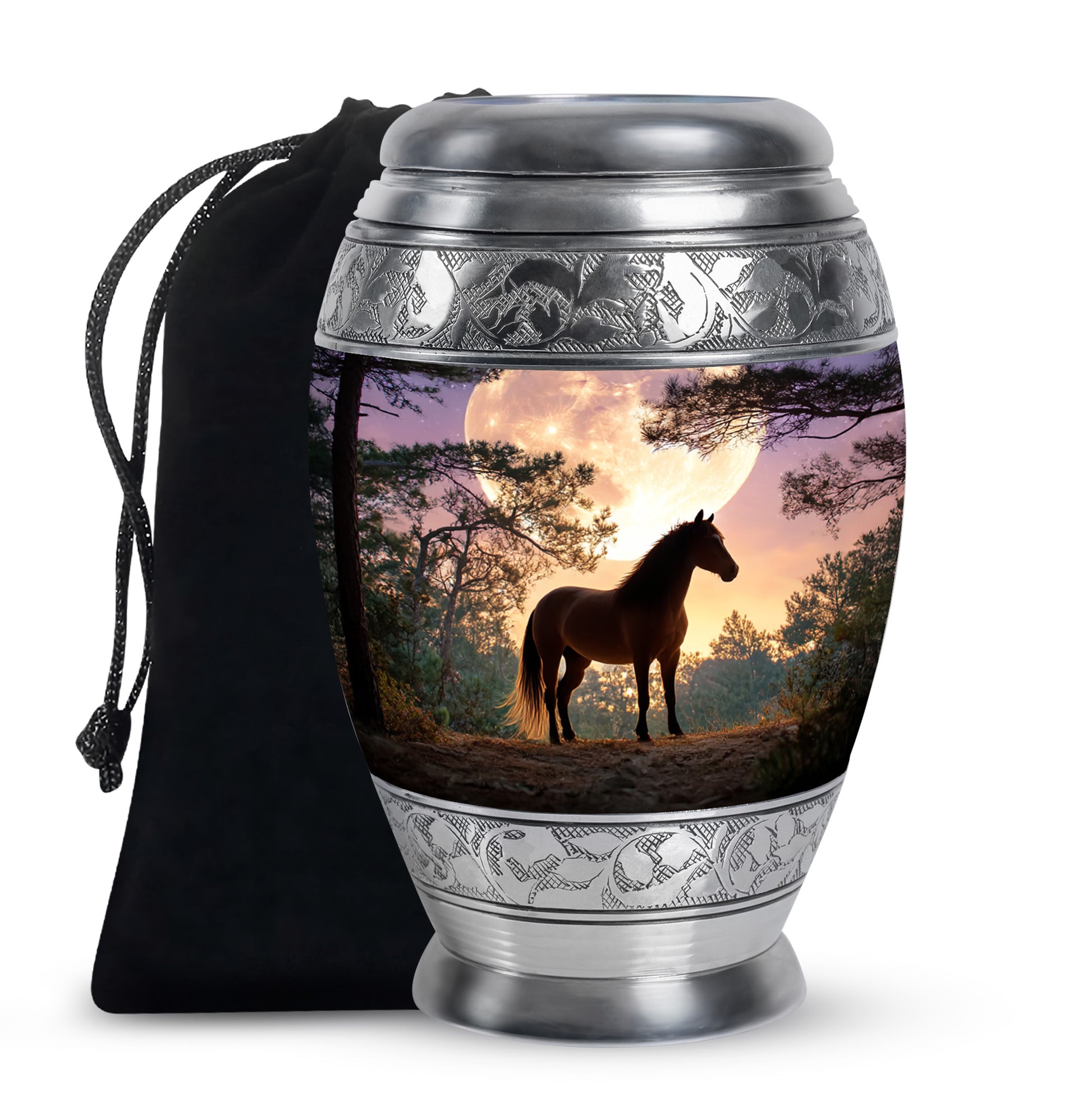Cobalt Blue Horse Cremation Urn back view with polished surface - royal horse engraving with decorative scrollwork - full-size 10 inch 200 cubic inch adult cremation urn