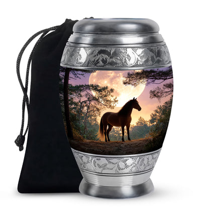 Cobalt Blue Horse Cremation Urn back view with polished surface - royal horse engraving with decorative scrollwork - full-size 10 inch 200 cubic inch adult cremation urn