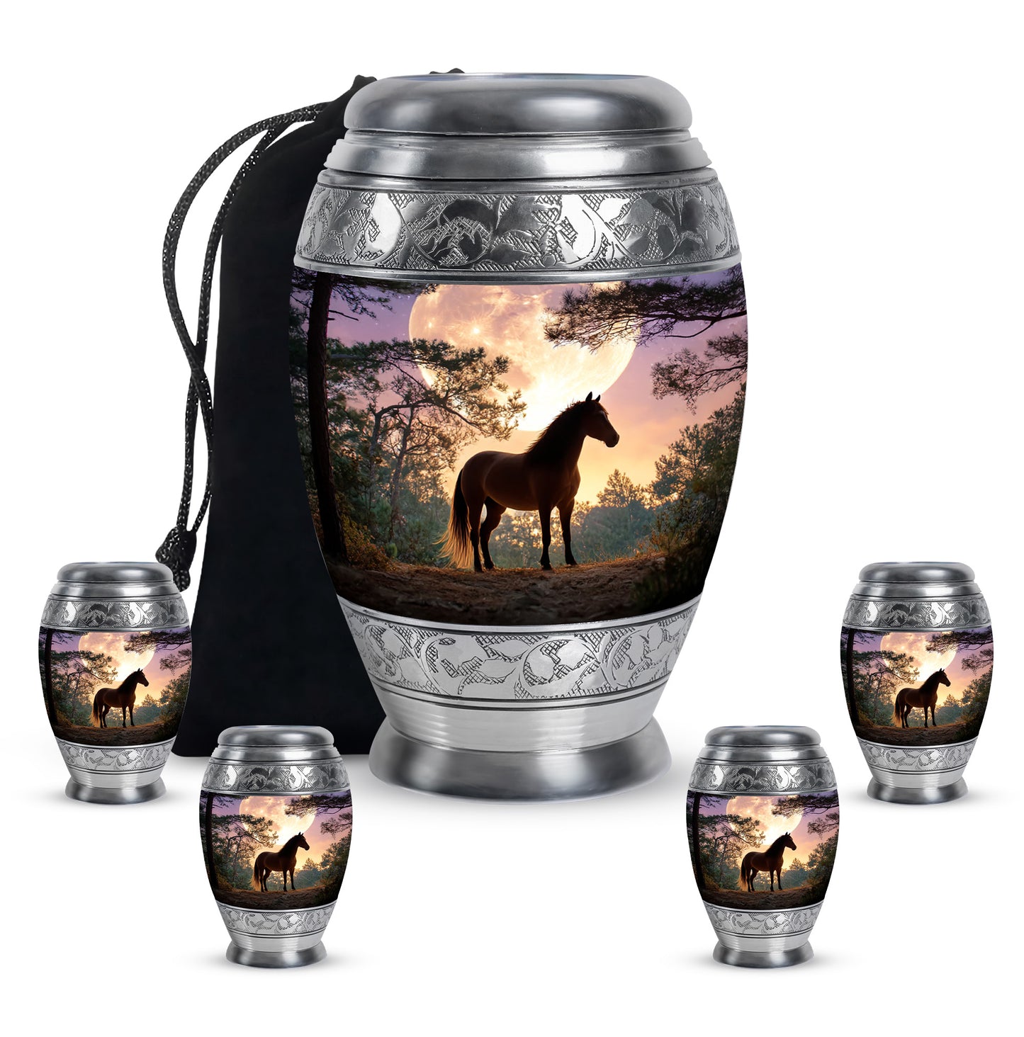 Navy Blue Horse Cremation Urn detail view - regal horse design with crown-inspired accents - memorial set with one large and four small urns