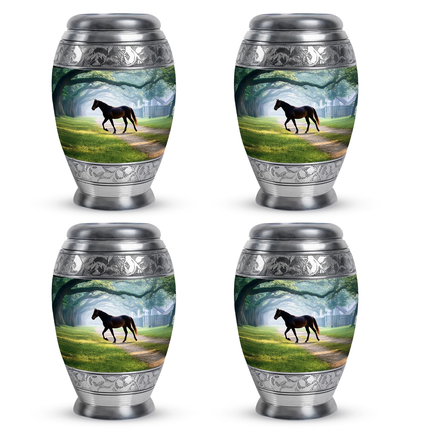 Soft Teal Horse Cremation Urn urn with complimentary velvet bag - ornate monarch-style horse relief on brushed aluminum - 10 inch aluminum urn for cremated remains