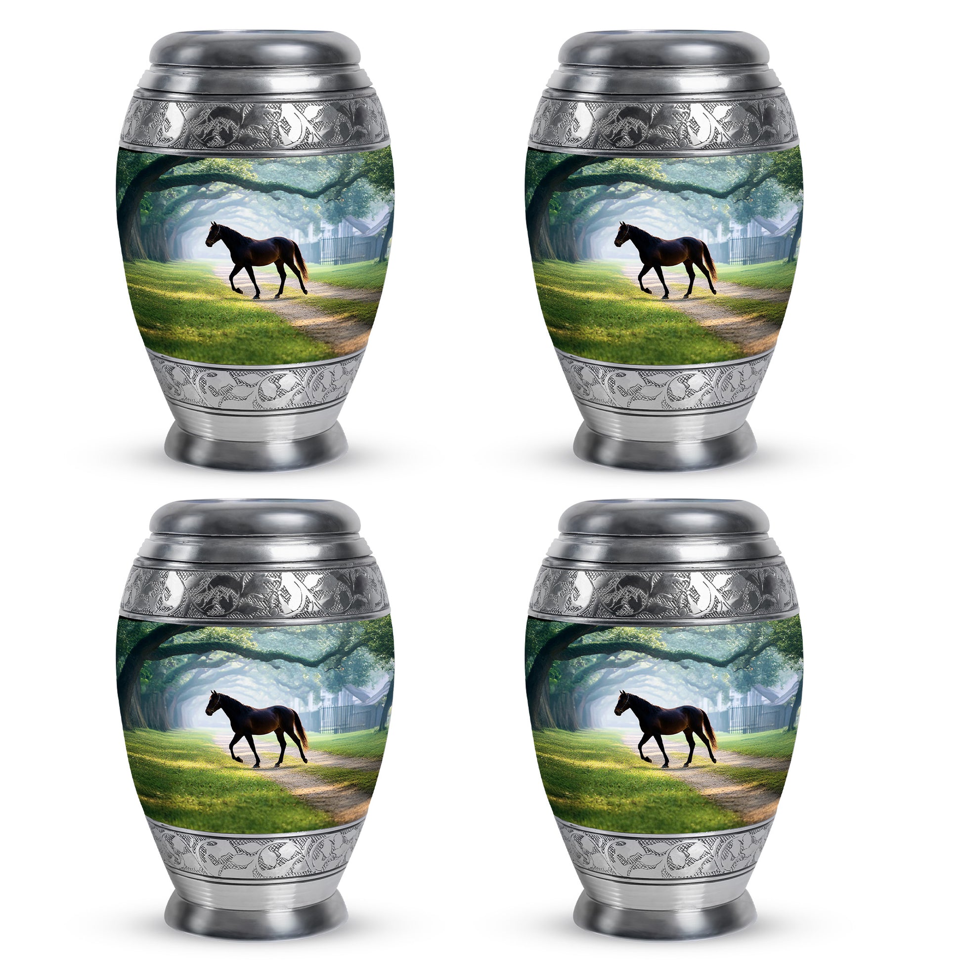 Soft Teal Horse Cremation Urn urn with complimentary velvet bag - ornate monarch-style horse relief on brushed aluminum - 10 inch aluminum urn for cremated remains