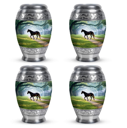 Soft Teal Horse Cremation Urn urn with complimentary velvet bag - ornate monarch-style horse relief on brushed aluminum - 10 inch aluminum urn for cremated remains