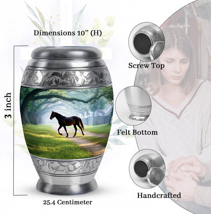 Soft Teal Horse Cremation Urn lifestyle display on memorial shelf - regal horse design with crown-inspired accents - mini keepsake memorial for portion of cremation ashes