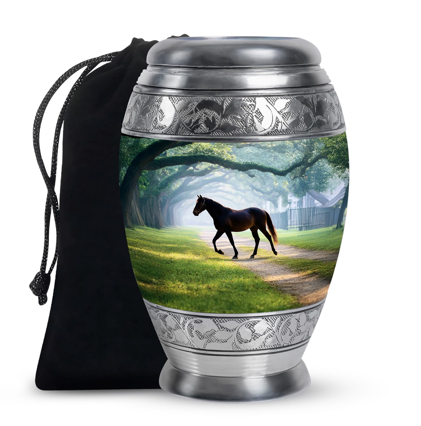 Cool Teal Horse Cremation Urn back view with polished surface - regal horse design with crown-inspired accents - full-size 10 inch 200 cubic inch adult cremation urn