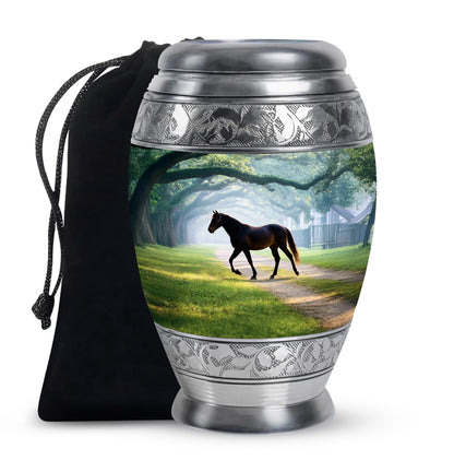 Cool Teal Horse Cremation Urn back view with polished surface - regal horse design with crown-inspired accents - full-size 10 inch 200 cubic inch adult cremation urn