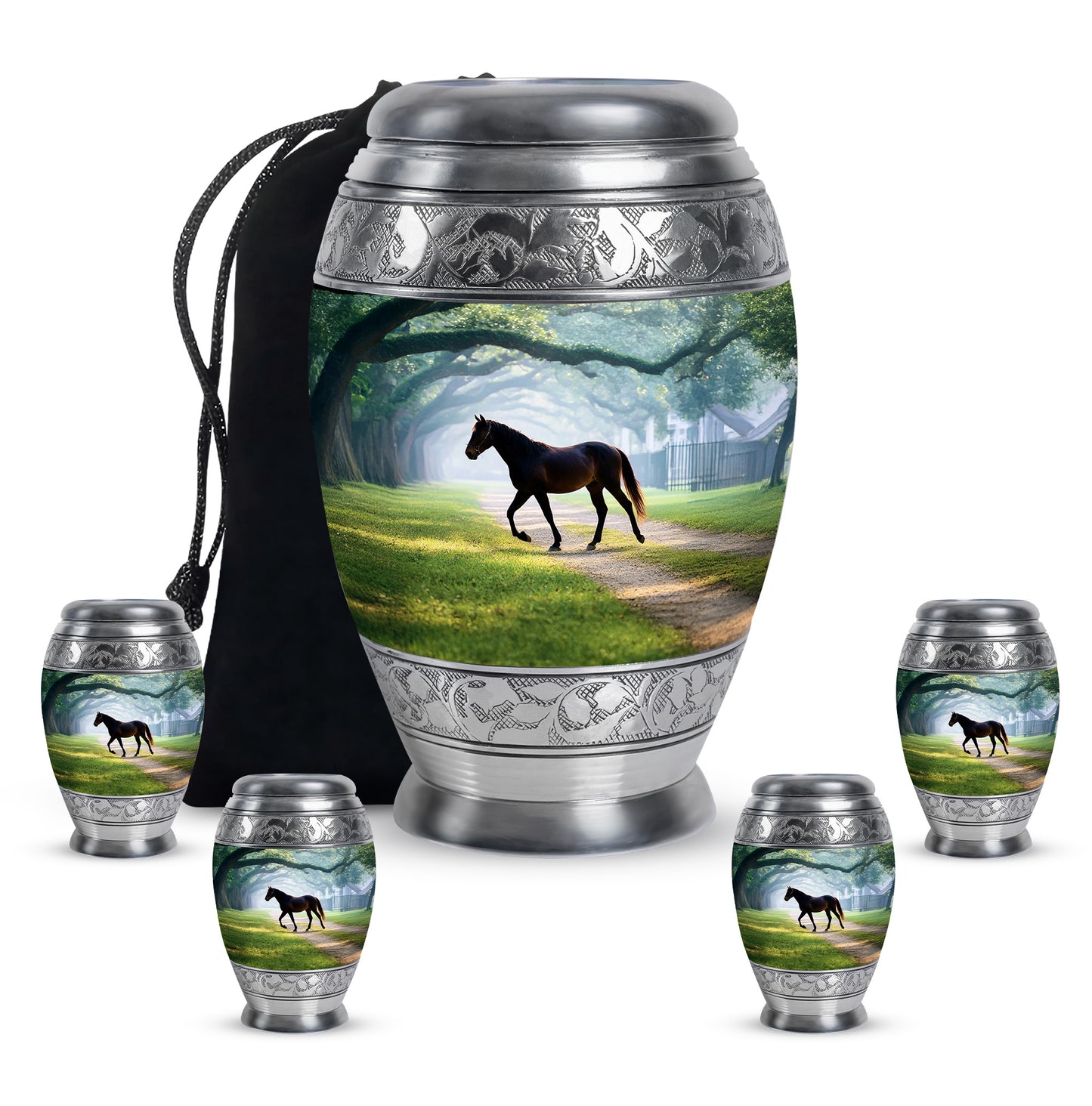 Cool Teal Horse Cremation Urn detail view - ornate monarch-style horse relief on brushed aluminum - memorial set with one large and four small urns