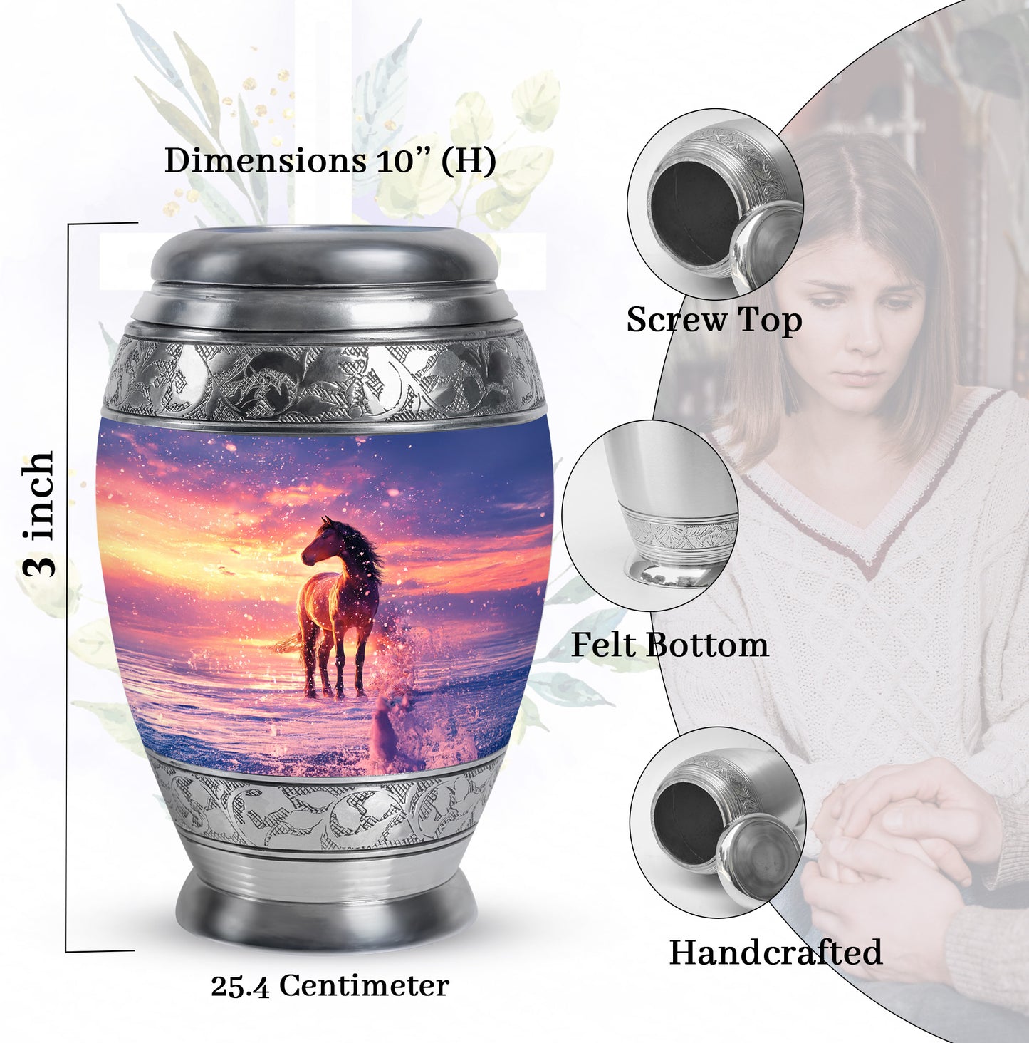 Slate Blue Horse Cremation Urn lifestyle display on memorial shelf - ornate monarch-style horse relief on brushed aluminum - mini keepsake memorial for portion of cremation ashes