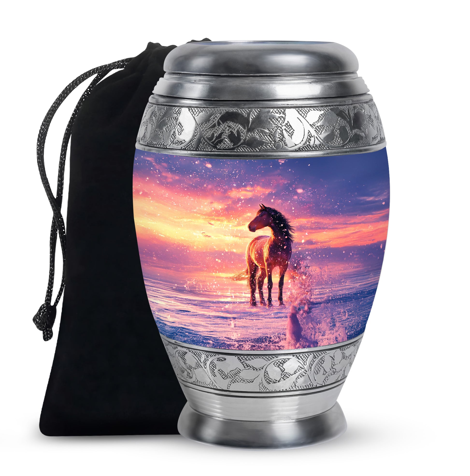 Powder Blue Horse Cremation Urn back view with polished surface - regal horse design with crown-inspired accents - full-size 10 inch 200 cubic inch adult cremation urn