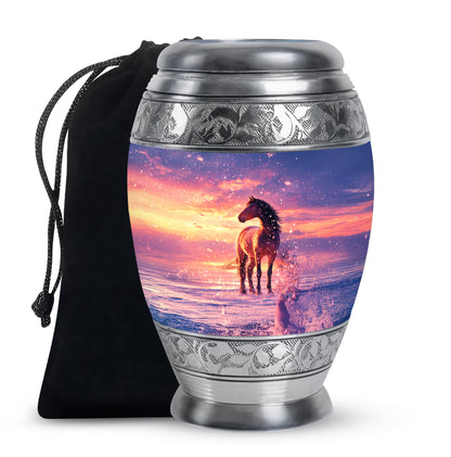 Powder Blue Horse Cremation Urn back view with polished surface - regal horse design with crown-inspired accents - full-size 10 inch 200 cubic inch adult cremation urn