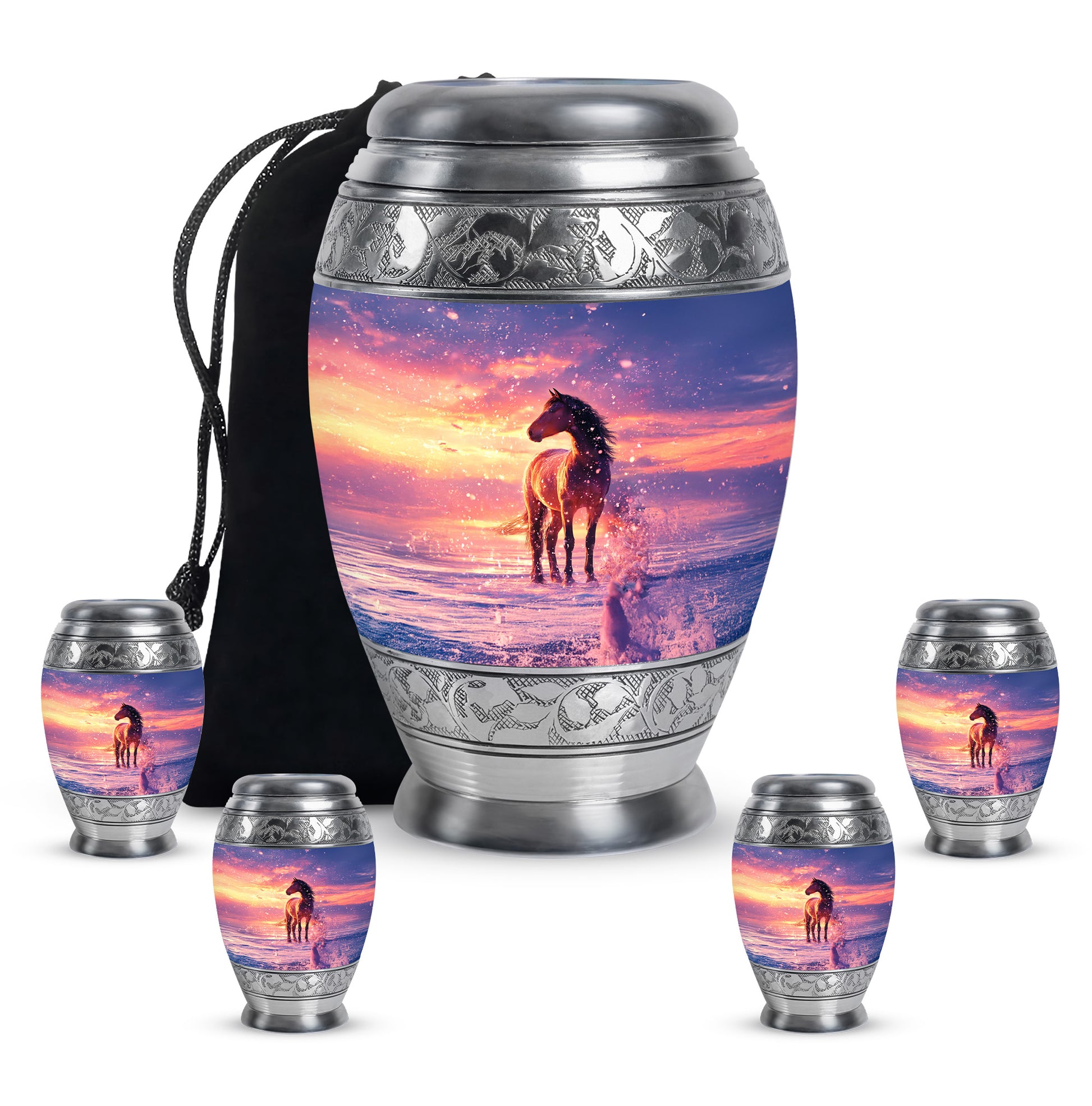 Pastel Blue Horse Cremation Urn detail view - ornate monarch-style horse relief on brushed aluminum - memorial set with one large and four small urns