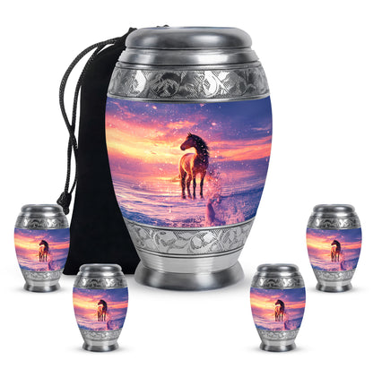 Pastel Blue Horse Cremation Urn detail view - ornate monarch-style horse relief on brushed aluminum - memorial set with one large and four small urns