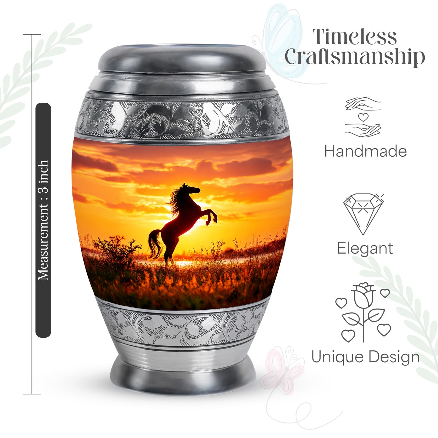 Rich Red Horse Cremation Urn lifestyle display on memorial shelf - royal horse engraving with decorative scrollwork - mini keepsake memorial for portion of cremation ashes
