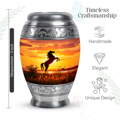 Rich Red Horse Cremation Urn lifestyle display on memorial shelf - royal horse engraving with decorative scrollwork - mini keepsake memorial for portion of cremation ashes