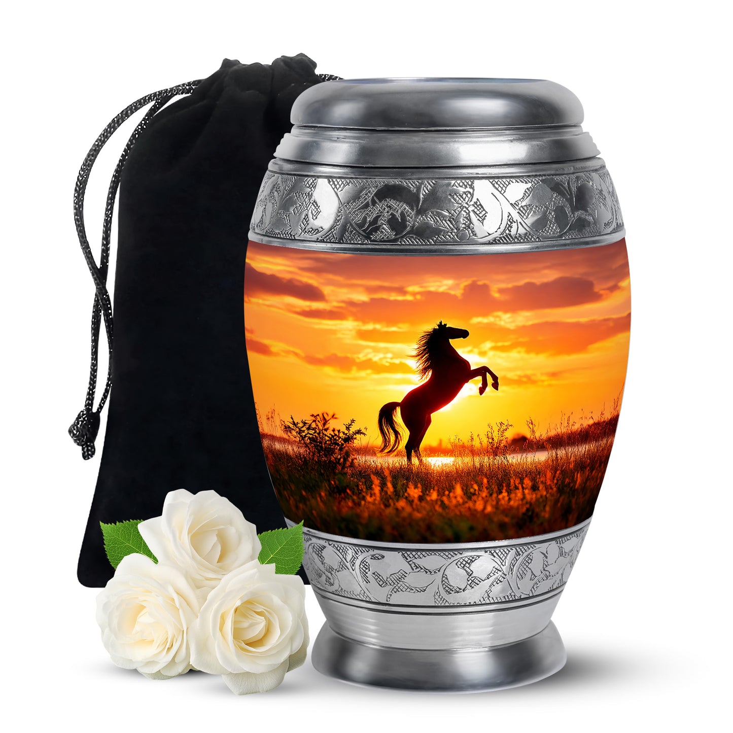 Fiery Red Horse Cremation Urn back view with polished surface - majestic horse pattern with filigree border - full-size 10 inch 200 cubic inch adult cremation urn