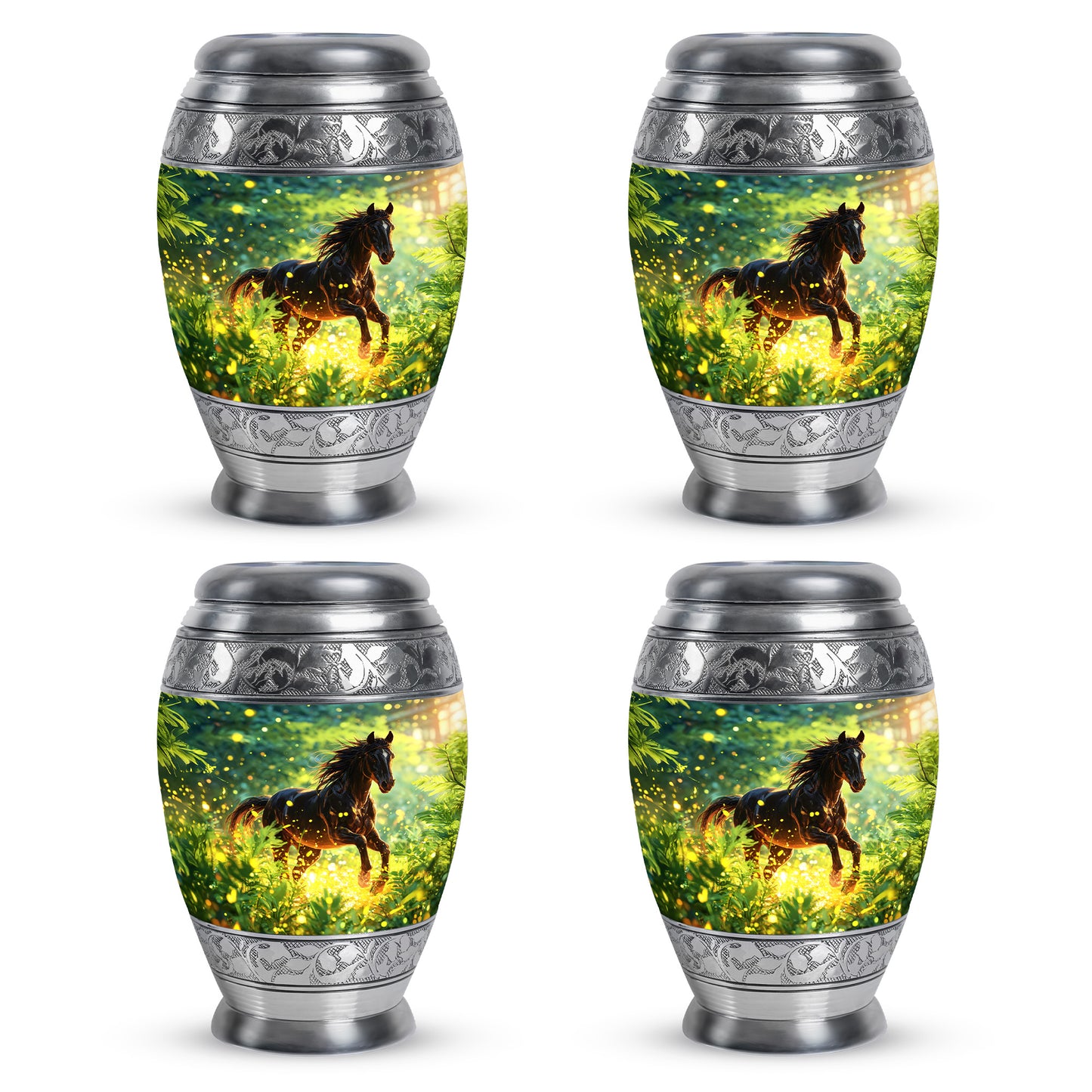 Vivid Teal Horse Cremation Urn urn with complimentary velvet bag - majestic horse pattern with filigree border - 10 inch aluminum urn for cremated remains