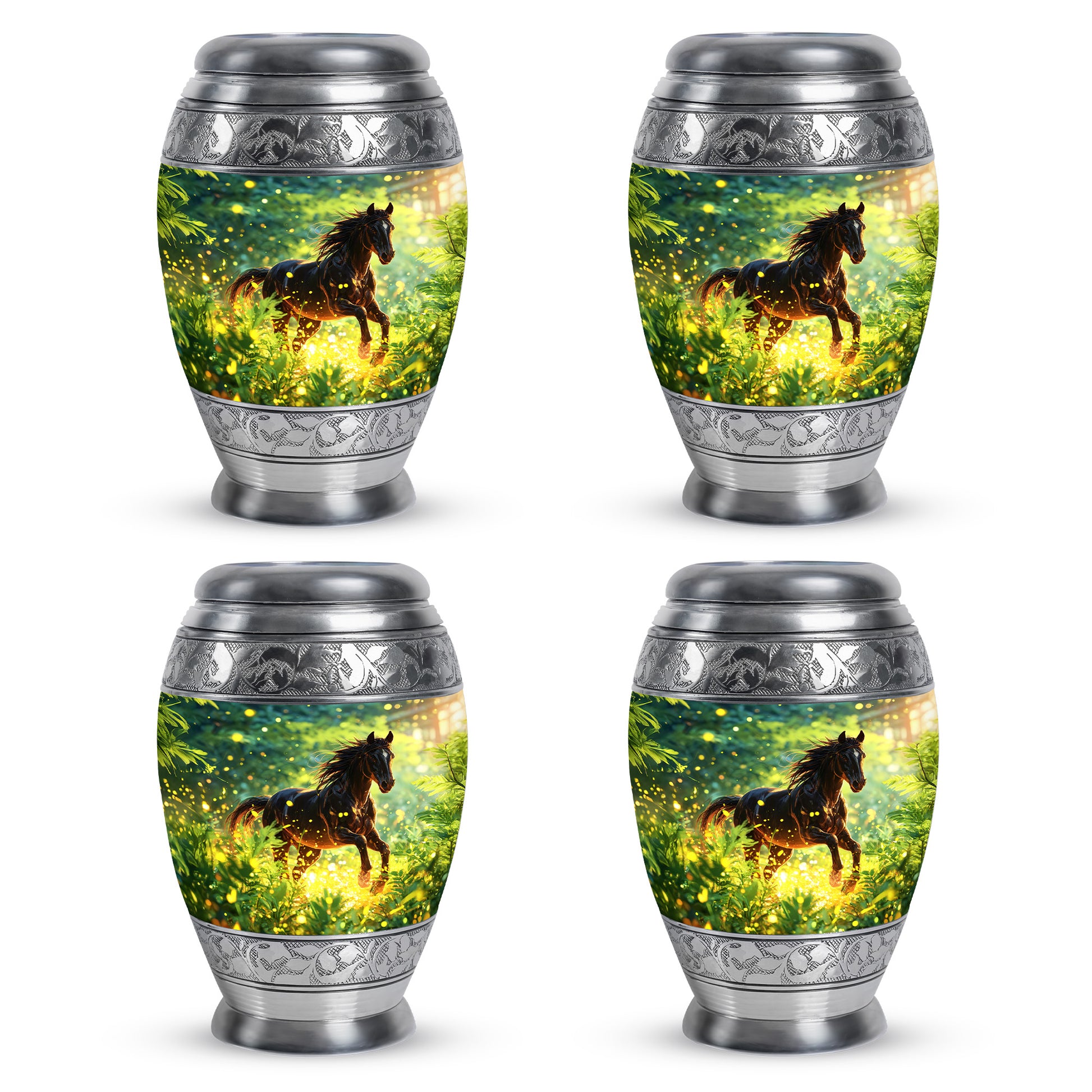 Vivid Teal Horse Cremation Urn urn with complimentary velvet bag - majestic horse pattern with filigree border - 10 inch aluminum urn for cremated remains