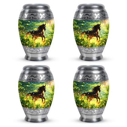 Vivid Teal Horse Cremation Urn urn with complimentary velvet bag - majestic horse pattern with filigree border - 10 inch aluminum urn for cremated remains
