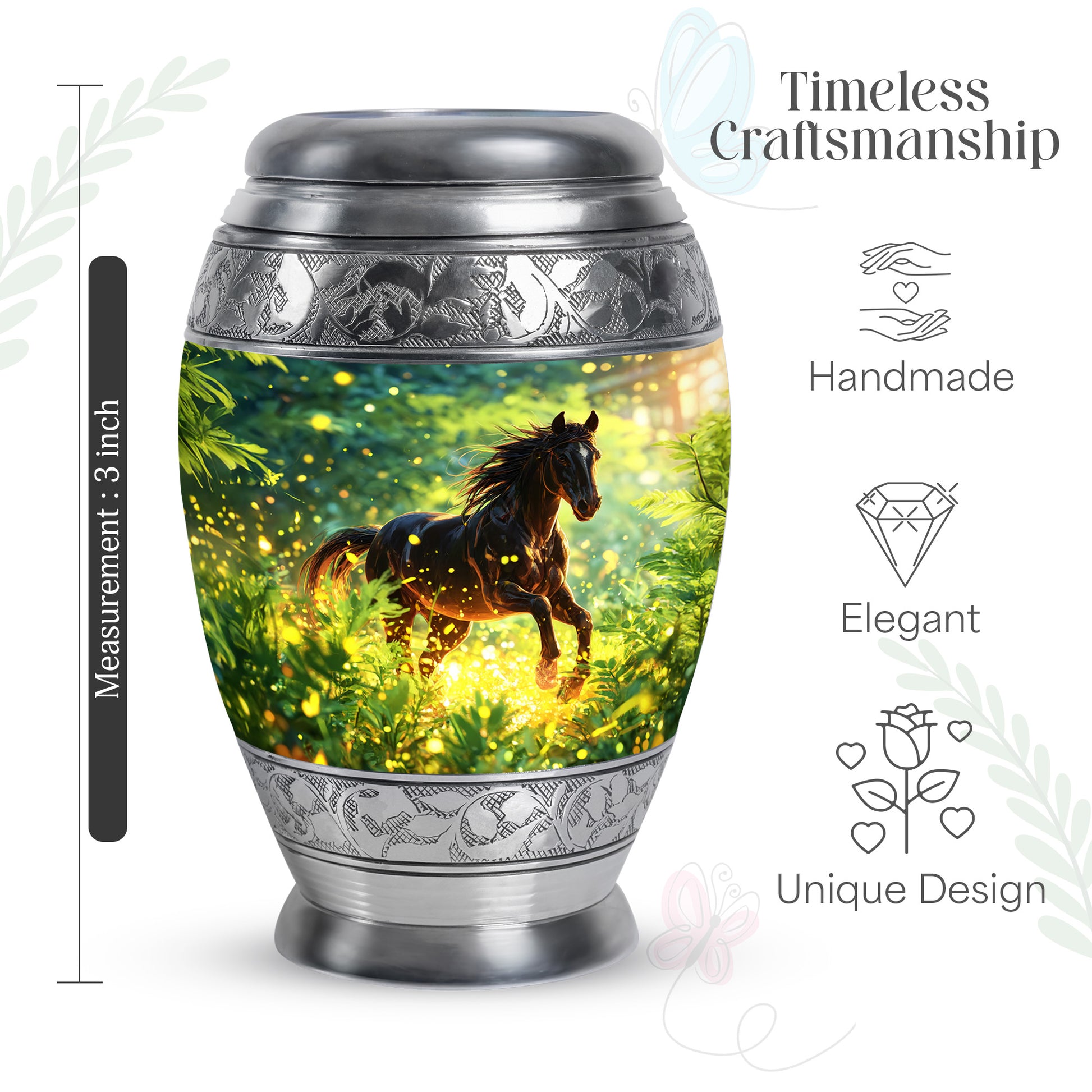 Jewel Teal Horse Cremation Urn lifestyle display on memorial shelf - ornate monarch-style horse relief on brushed aluminum - mini keepsake memorial for portion of cremation ashes