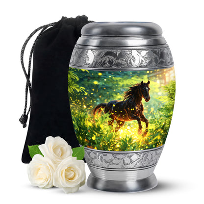 Aqua Teal Horse Cremation Urn back view with polished surface - majestic horse pattern with filigree border - full-size 10 inch 200 cubic inch adult cremation urn