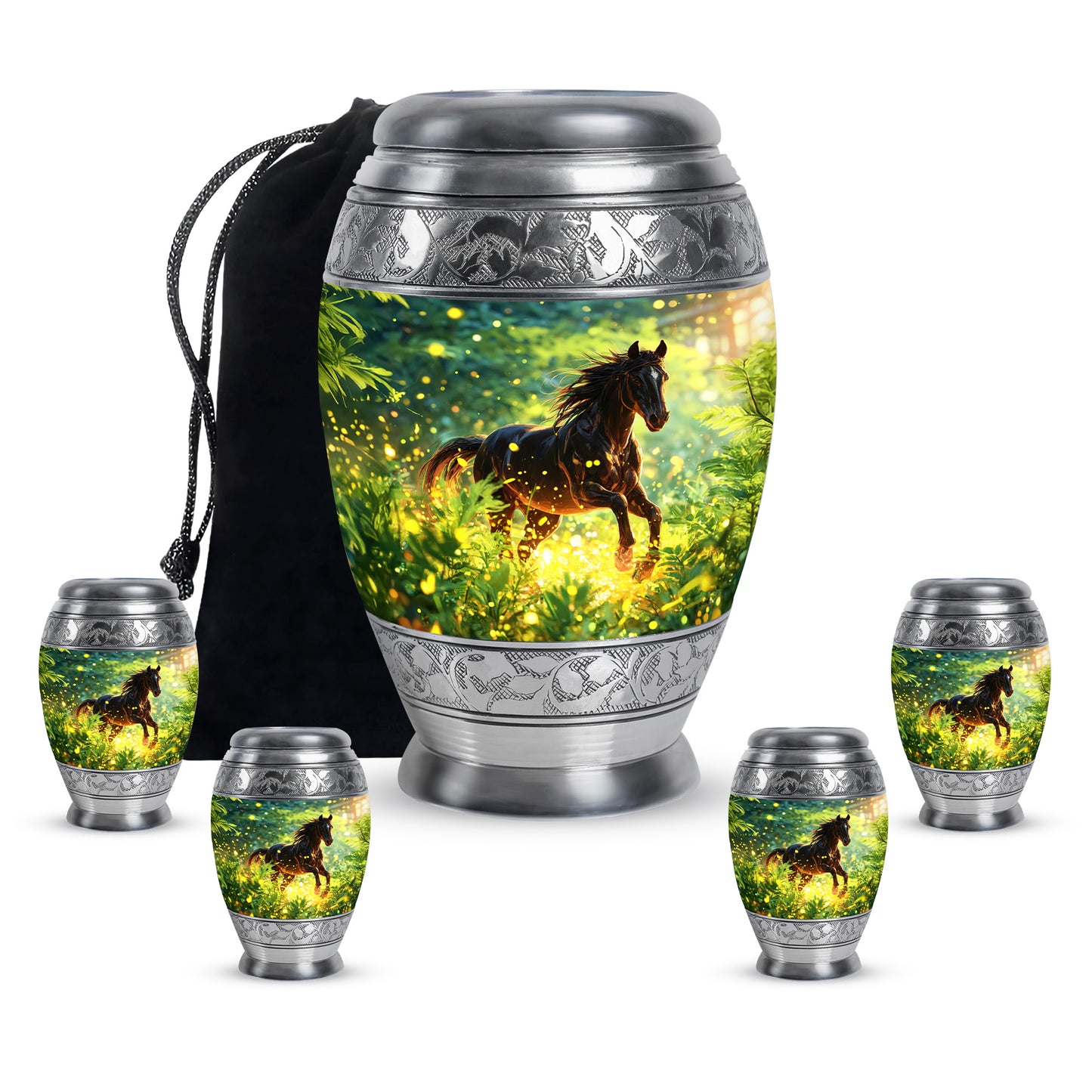 Aqua Teal Horse Cremation Urn detail view - majestic horse pattern with filigree border - memorial set with one large and four small urns
