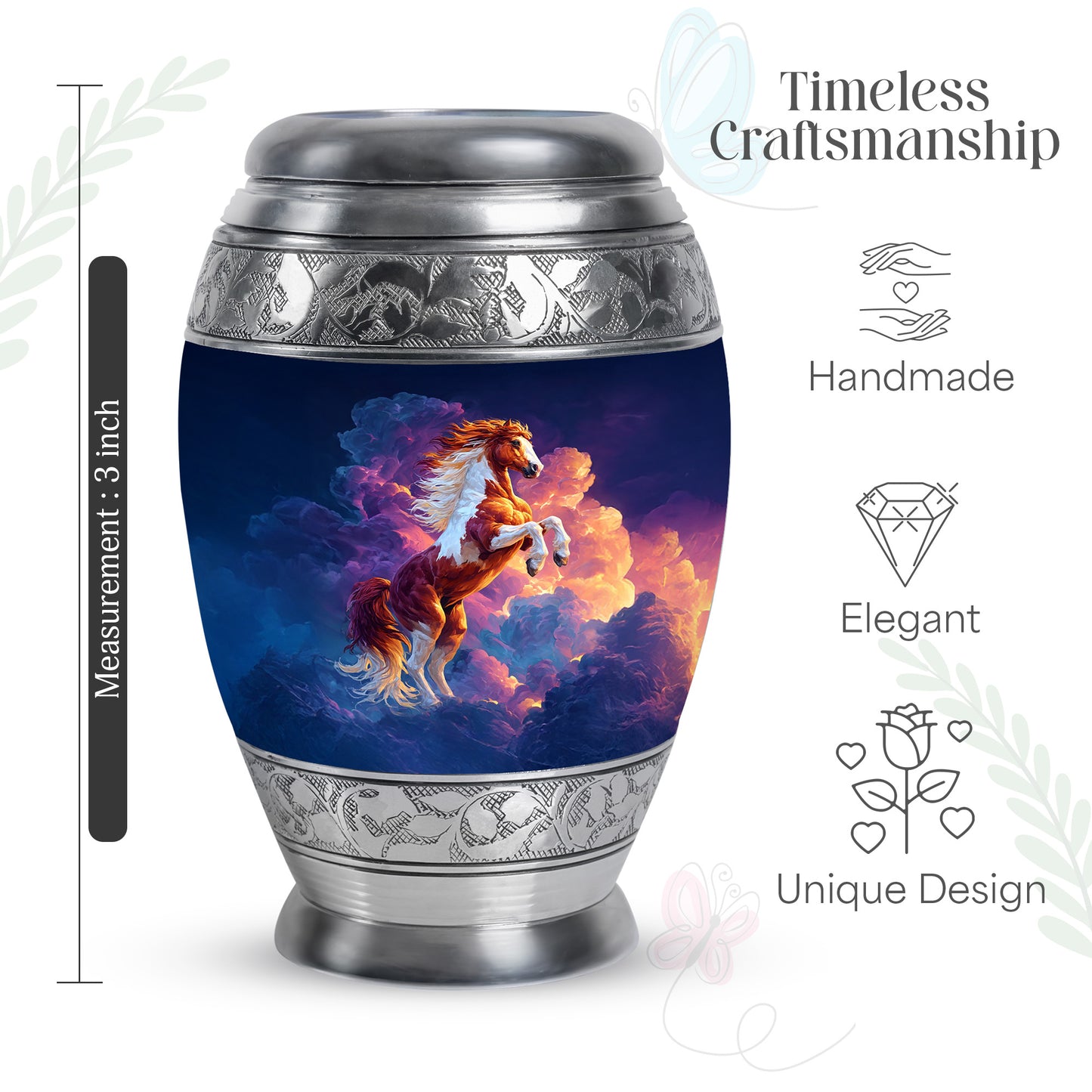 Sapphire Blue Horse Cremation Urn lifestyle display on memorial shelf - royal horse engraving with decorative scrollwork - mini keepsake memorial for portion of cremation ashes