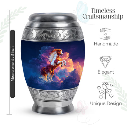 Sapphire Blue Horse Cremation Urn lifestyle display on memorial shelf - royal horse engraving with decorative scrollwork - mini keepsake memorial for portion of cremation ashes