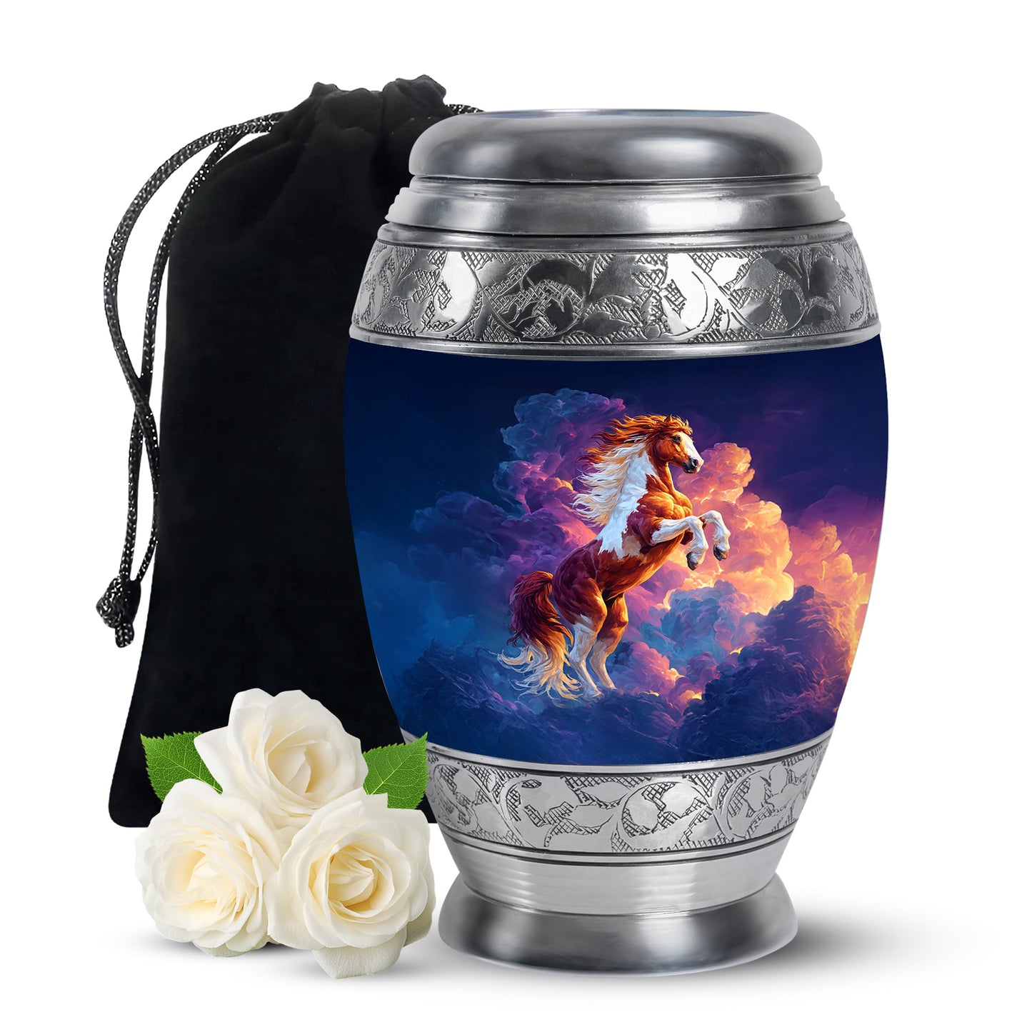 Azure Horse Cremation Urn back view with polished surface - regal horse design with crown-inspired accents - full-size 10 inch 200 cubic inch adult cremation urn