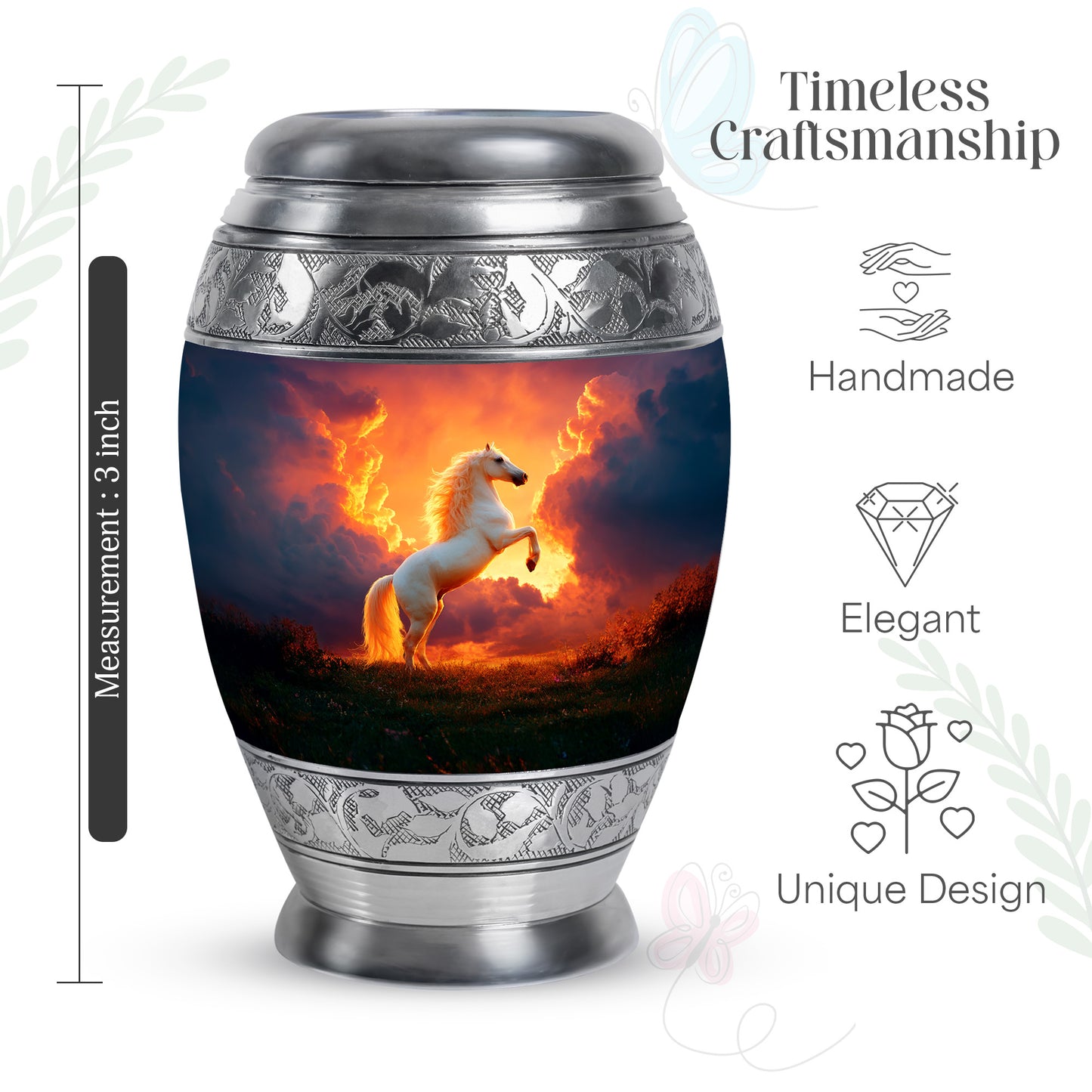 Wine Red Horse Cremation Urn lifestyle display on memorial shelf - ornate monarch-style horse relief on brushed aluminum - mini keepsake memorial for portion of cremation ashes