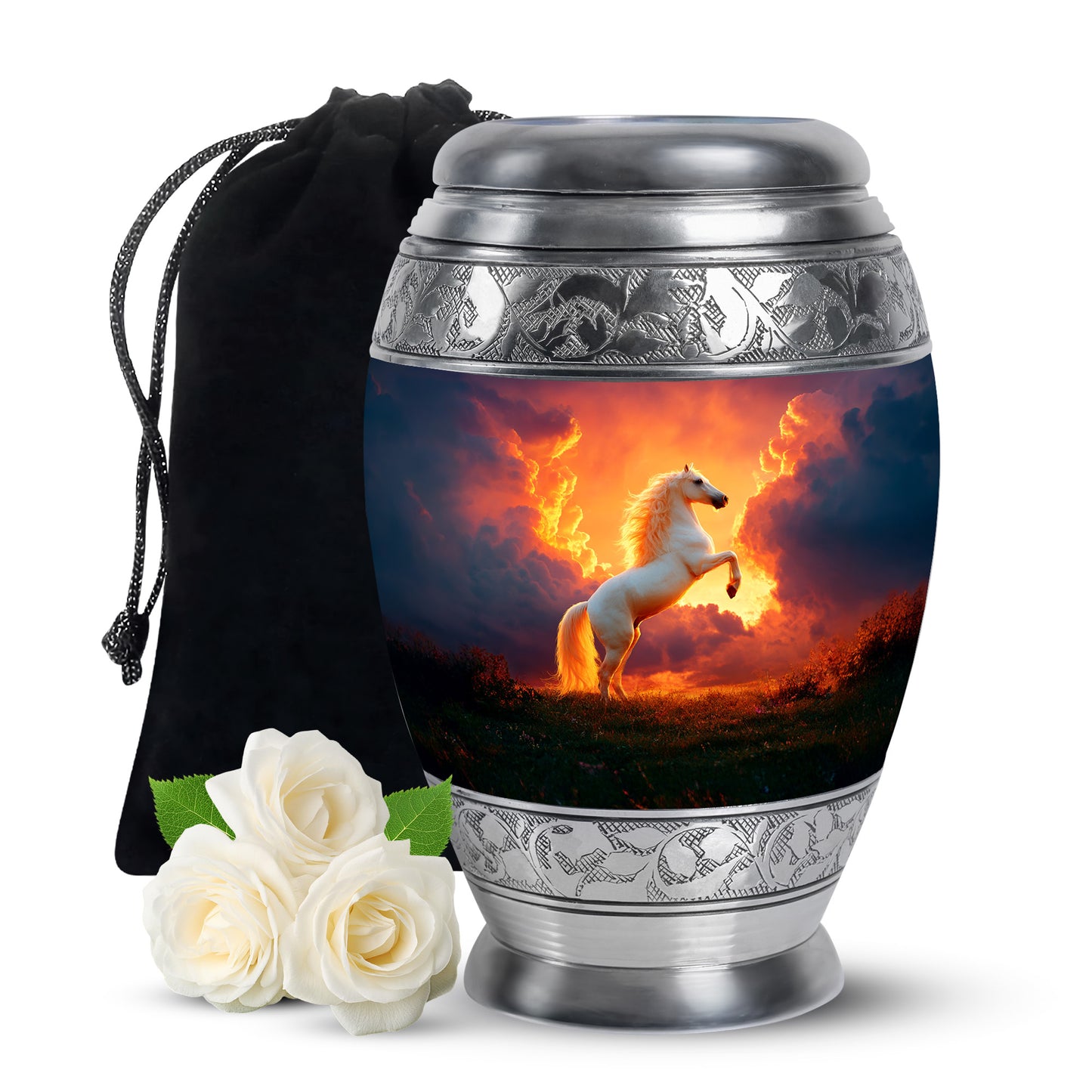Crimson Red Horse Cremation Urn back view with polished surface - ornate monarch-style horse relief on brushed aluminum - full-size 10 inch 200 cubic inch adult cremation urn