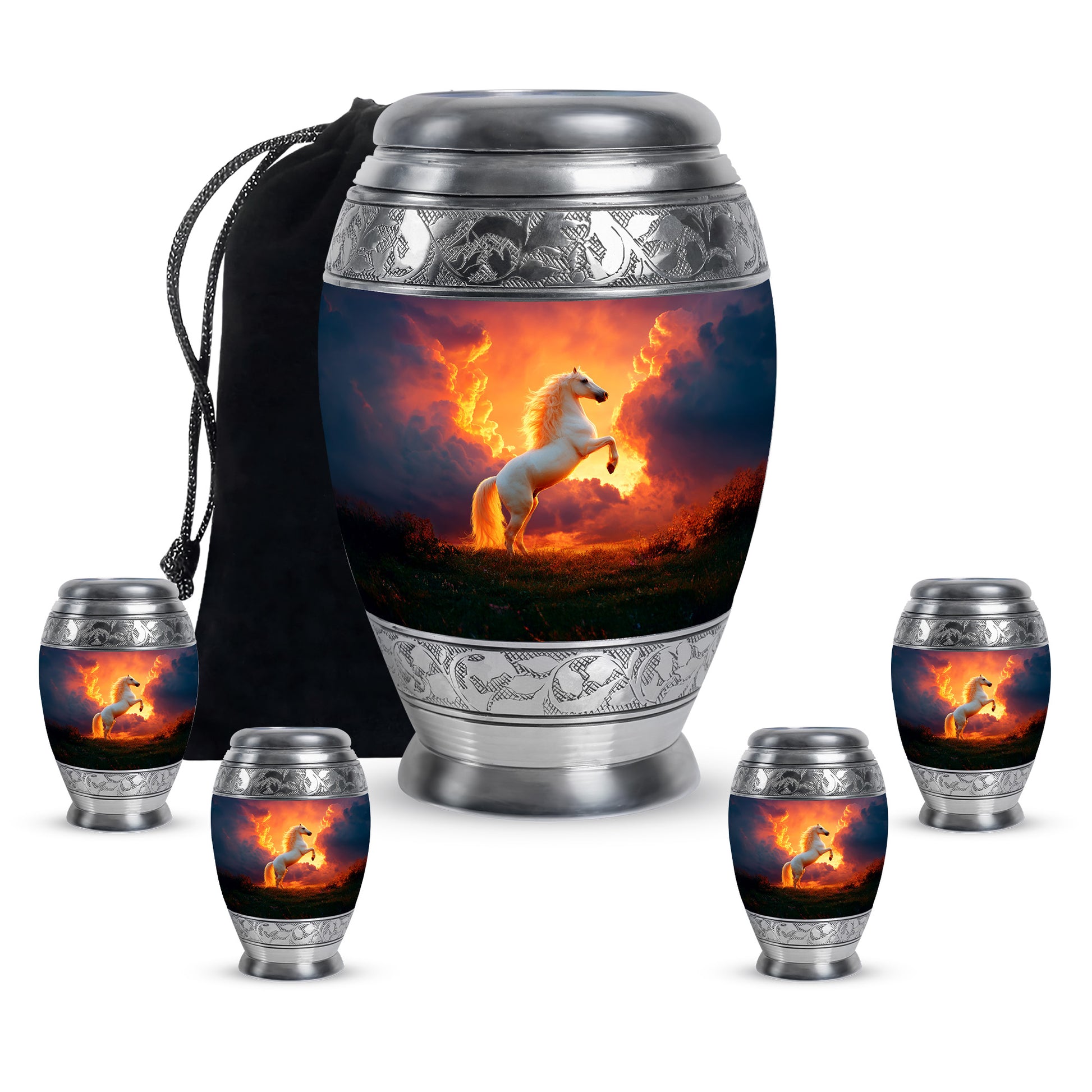 Fiery Red Horse Cremation Urn detail view - royal horse engraving with decorative scrollwork - memorial set with one large and four small urns