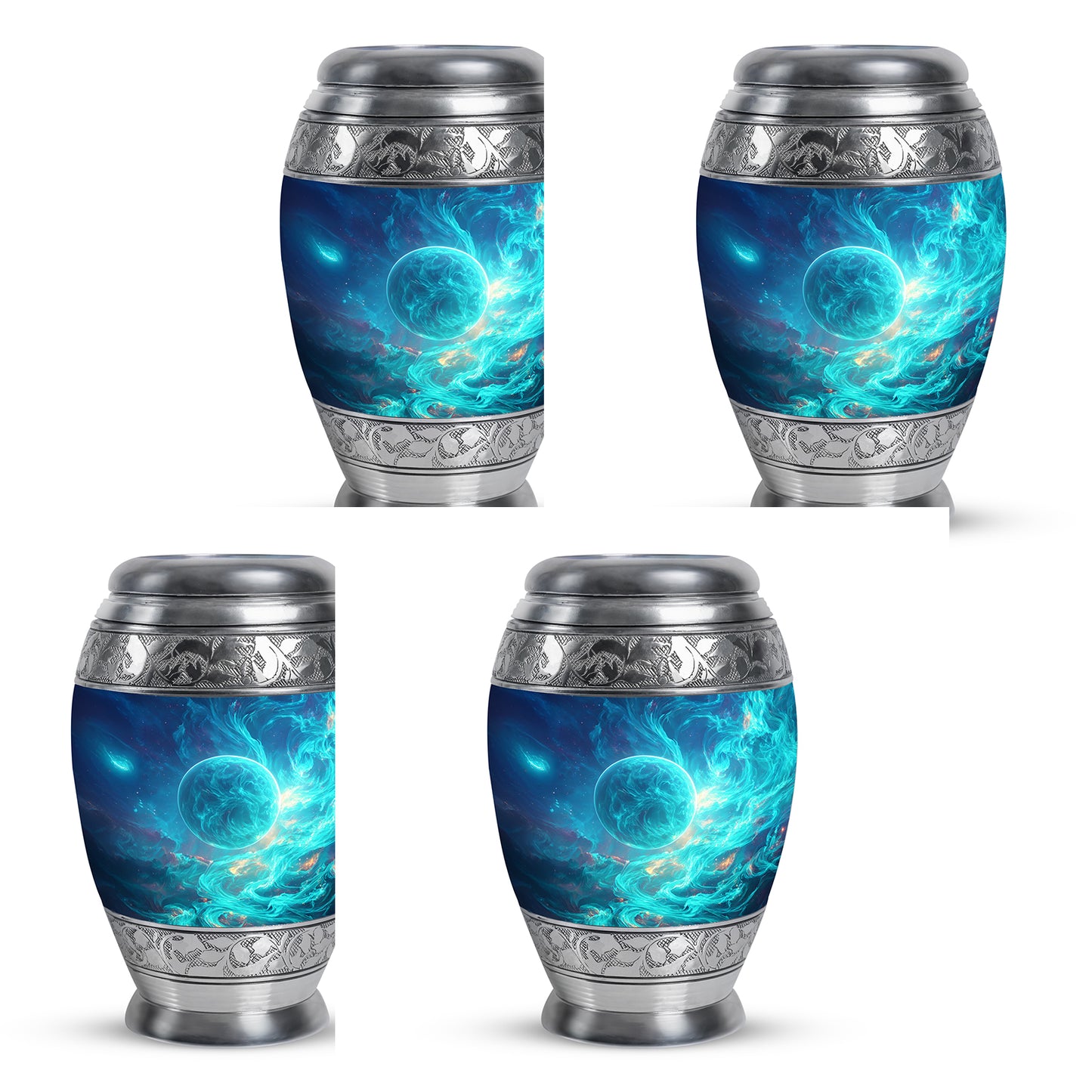 Bright Blue Galaxy Cremation Urn urn with complimentary velvet bag - royal galaxy engraving with decorative scrollwork - 10 inch aluminum urn for cremated remains