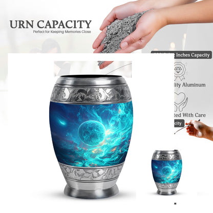 Powder Blue Galaxy Cremation Urn lifestyle display on memorial shelf - regal galaxy design with crown-inspired accents - mini keepsake memorial for portion of cremation ashes