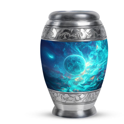 Dusty Blue Galaxy Cremation Urn back view with polished surface - regal galaxy design with crown-inspired accents - full-size 10 inch 200 cubic inch adult cremation urn