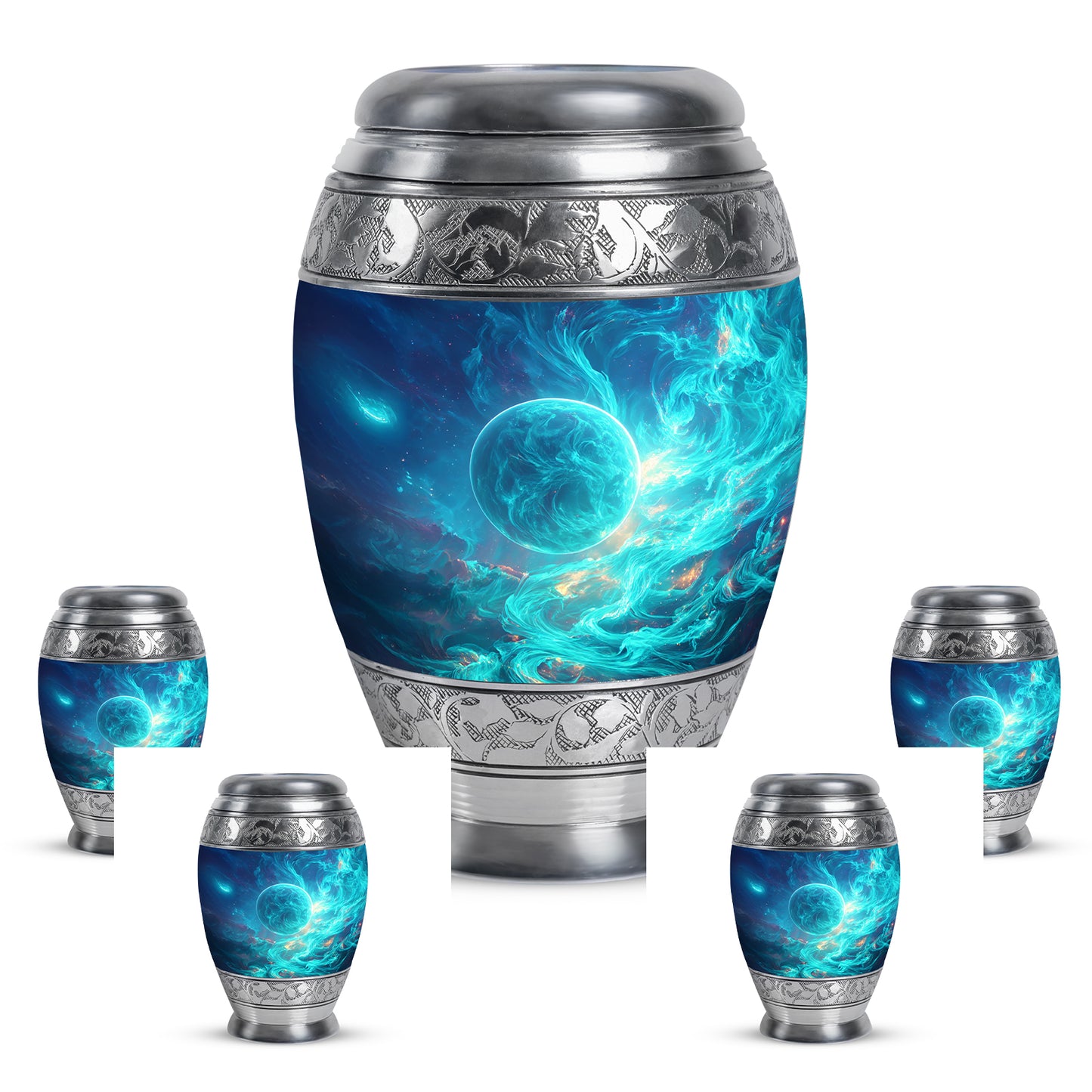 Soft Blue Galaxy Cremation Urn detail view - majestic galaxy pattern with filigree border - memorial set with one large and four small urns