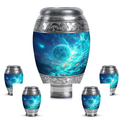 Soft Blue Galaxy Cremation Urn detail view - majestic galaxy pattern with filigree border - memorial set with one large and four small urns