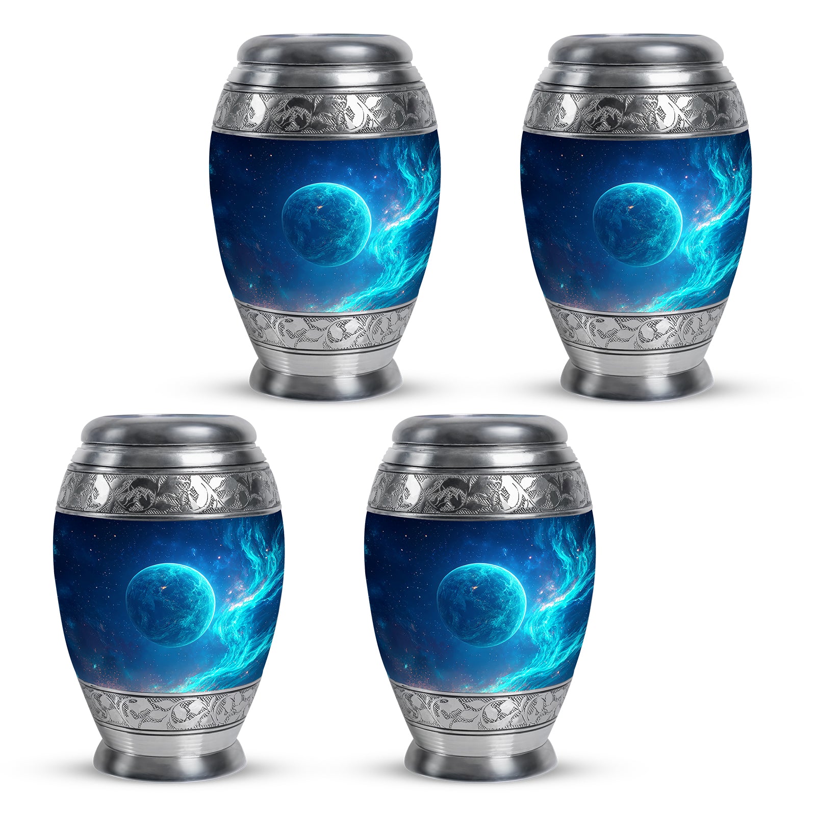 Sky Blue Galaxy Cremation Urn urn with complimentary velvet bag - ornate monarch-style galaxy relief on brushed aluminum - 10 inch aluminum urn for cremated remains