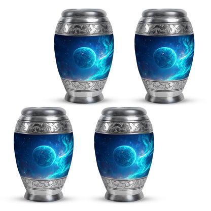 Sky Blue Galaxy Cremation Urn urn with complimentary velvet bag - ornate monarch-style galaxy relief on brushed aluminum - 10 inch aluminum urn for cremated remains