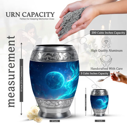 Calming Blue Galaxy Cremation Urn lifestyle display on memorial shelf - majestic galaxy pattern with filigree border - mini keepsake memorial for portion of cremation ashes