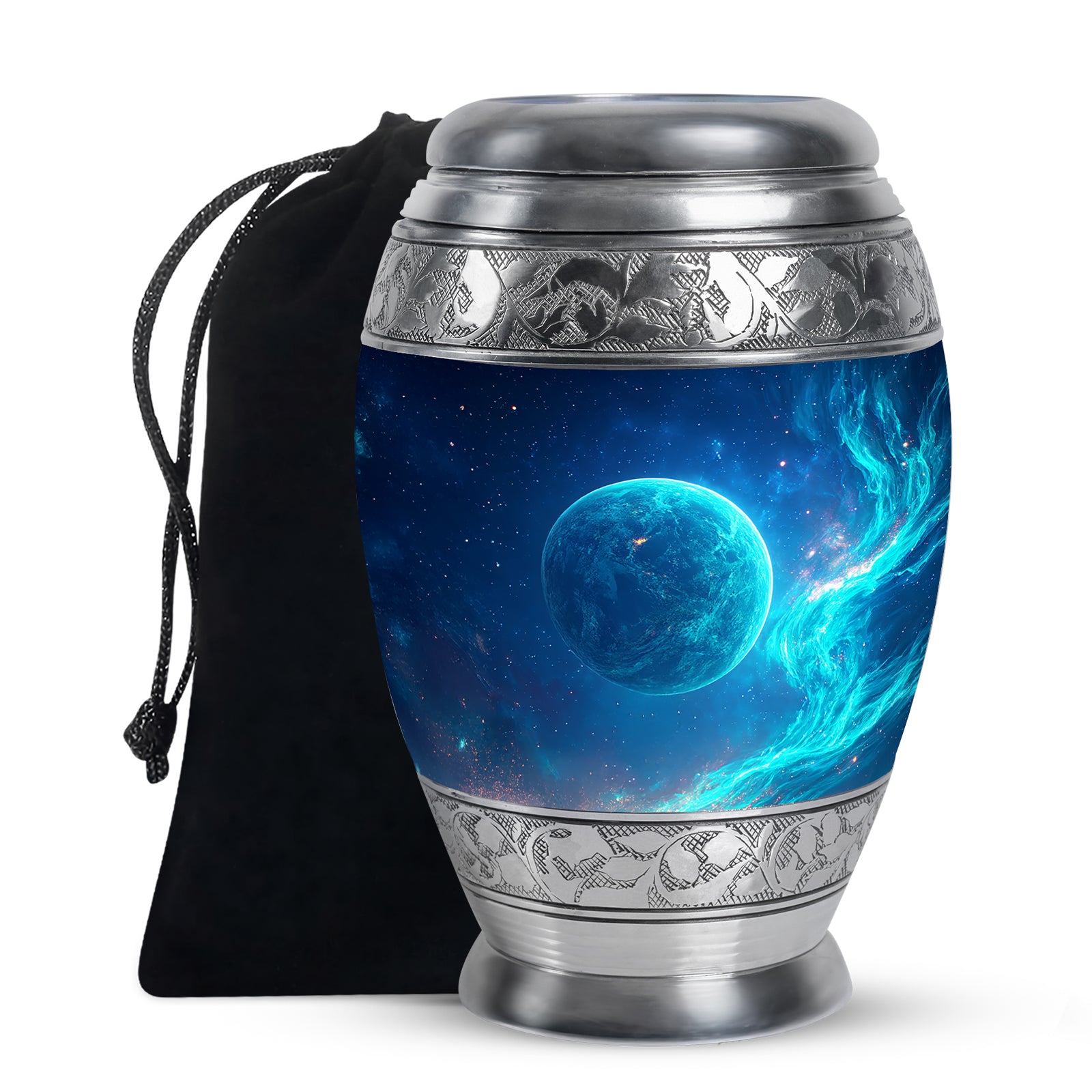 Dusty Blue Galaxy Cremation Urn back view with polished surface - ornate monarch-style galaxy relief on brushed aluminum - full-size 10 inch 200 cubic inch adult cremation urn