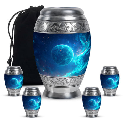 Powder Blue Galaxy Cremation Urn detail view - ornate monarch-style galaxy relief on brushed aluminum - memorial set with one large and four small urns