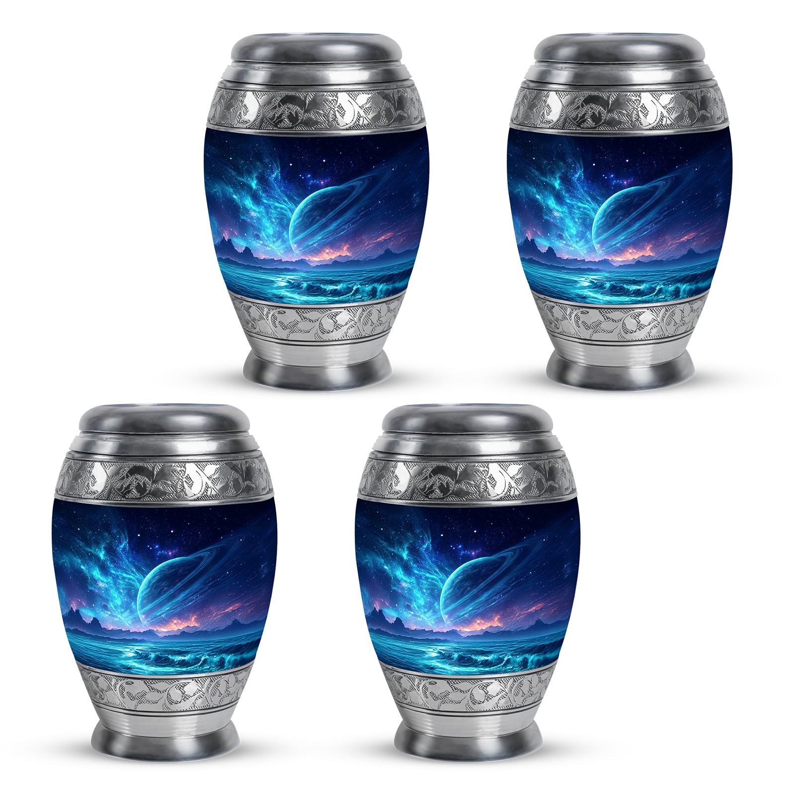 Bright Blue Galaxy Cremation Urn urn with complimentary velvet bag - royal galaxy engraving with decorative scrollwork - 10 inch aluminum urn for cremated remains