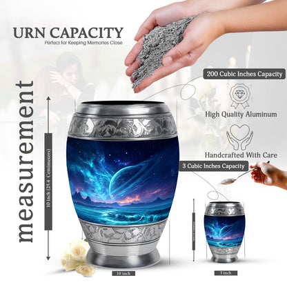 Bright Blue Galaxy Cremation Urn lifestyle display on memorial shelf - royal galaxy engraving with decorative scrollwork - mini keepsake memorial for portion of cremation ashes