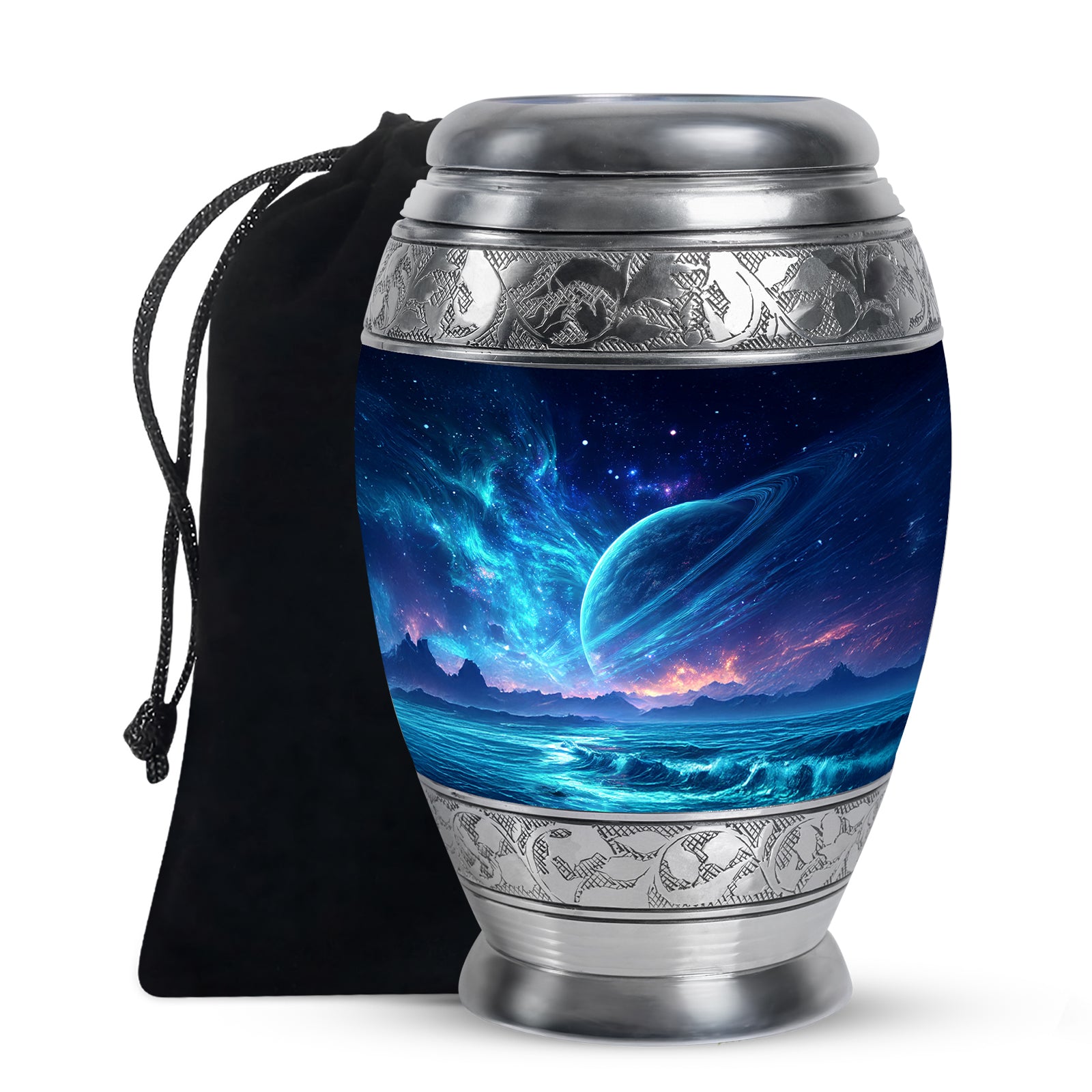 Azure Galaxy Cremation Urn back view with polished surface - ornate monarch-style galaxy relief on brushed aluminum - full-size 10 inch 200 cubic inch adult cremation urn