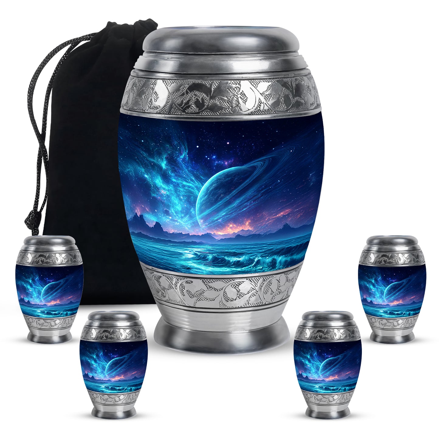 Celestial Blue Galaxy Cremation Urn detail view - ornate monarch-style galaxy relief on brushed aluminum - memorial set with one large and four small urns