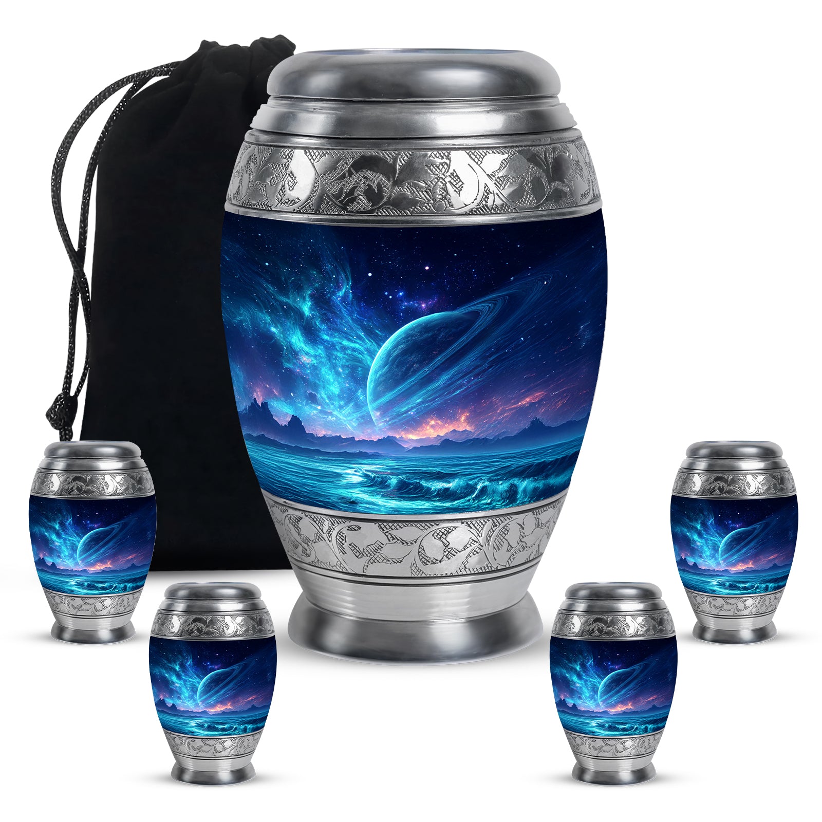Celestial Blue Galaxy Cremation Urn detail view - ornate monarch-style galaxy relief on brushed aluminum - memorial set with one large and four small urns