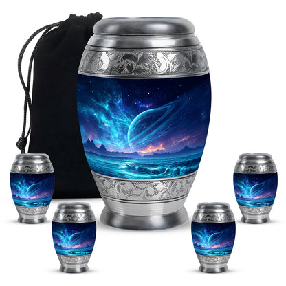 Celestial Blue Galaxy Cremation Urn detail view - ornate monarch-style galaxy relief on brushed aluminum - memorial set with one large and four small urns