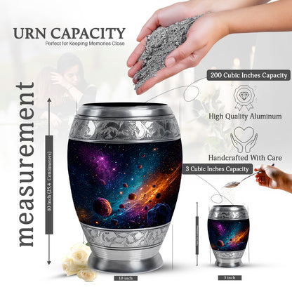 Pastel Blue Galaxy Cremation Urn lifestyle display on memorial shelf - regal galaxy design with crown-inspired accents - mini keepsake memorial for portion of cremation ashes