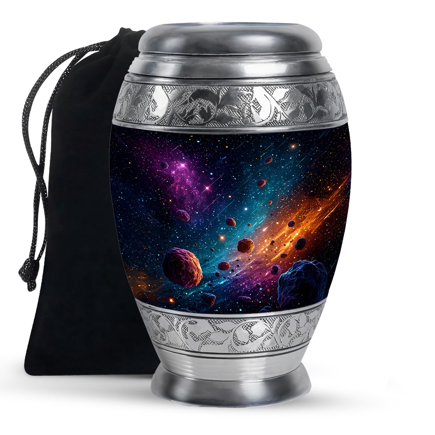 Azure Galaxy Cremation Urn back view with polished surface - regal galaxy design with crown-inspired accents - full-size 10 inch 200 cubic inch adult cremation urn